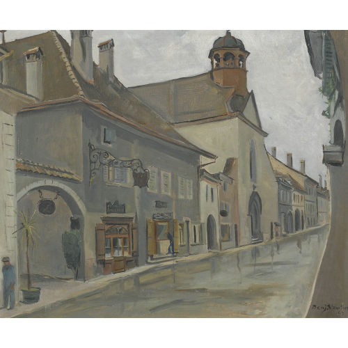 BENJAMIN II VAUTIER : Regnerische Strassenpartie mit Kirche (DOBIASCHOFSKY AUKTIONEN AG)
