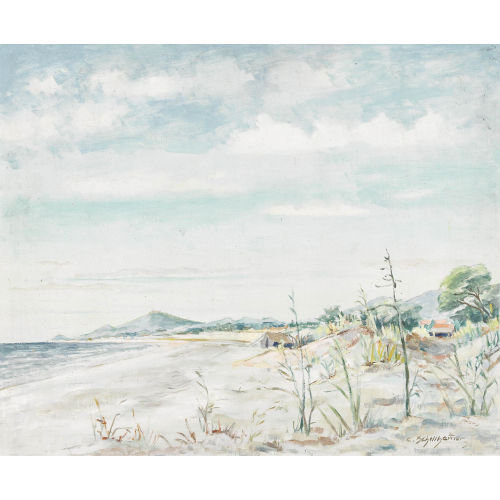 CARL SCHELLHAMMER : Strandpartie mit H�tten vor H�gelzug (DOBIASCHOFSKY AUKTIONEN AG)