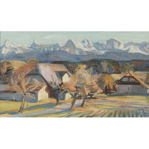 WERNER SCHMUTZ : Berner Weiler mit Alpenkette (DOBIASCHOFSKY AUKTIONEN AG)