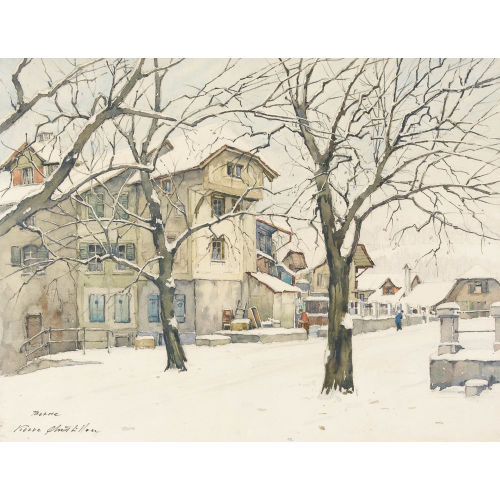 PIERRE CHATILLON : Berner Altstadtpartie im Winter mit Figurenstaffage (DOBIASCHOFSKY AUKTIONEN AG)