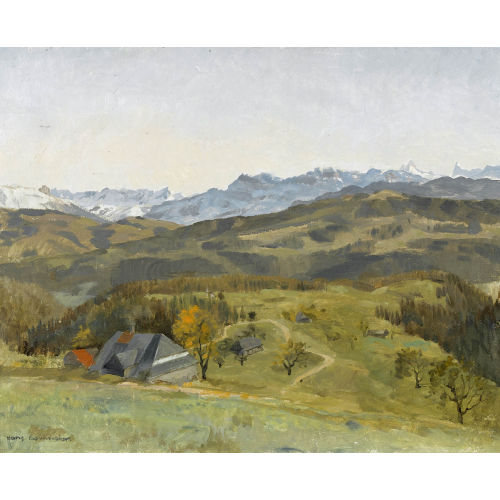 HANS GARTMEIER : Emmentaler Landschaft mit Bauernhof vor der Stockhornkette (DOBIASCHOFSKY AUKTIONEN AG)