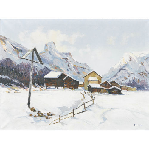 BRUNO GHERRI-MORO : Walliser Winterlandschaft mit Kreuz und Dorf (DOBIASCHOFSKY AUKTIONEN AG)