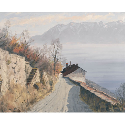 ALBERT DUPLAIN : Winzerhaus und Rebweg im Lavaux mit Genfersee (DOBIASCHOFSKY AUKTIONEN AG)