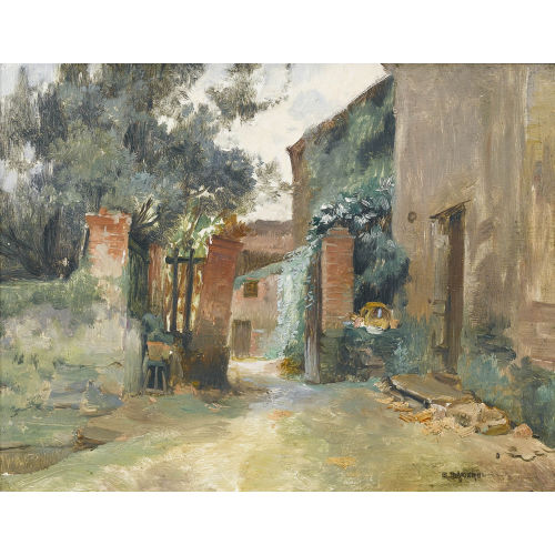 EMILE CHARLES DAMERON : Dorfpartie mit Backstein-Tor (DOBIASCHOFSKY AUKTIONEN AG)