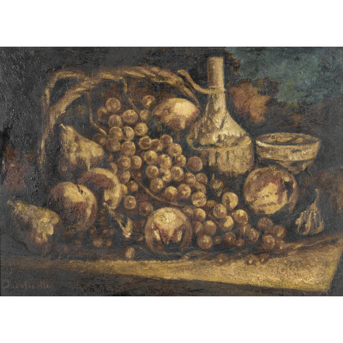 ADOLPHE JOSEPH THOMAS MONTICELLI : Herbststillleben mit Fr�chten, Korbflasche und Becher (DOBIASCHOFSKY AUKTIONEN AG)