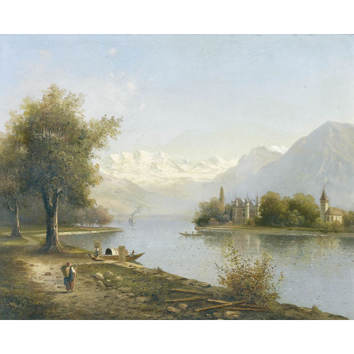 ALFRED D�NZ : Ansicht der Halbinsel Schadau mit Bl�mlisalp und Niesen (DOBIASCHOFSKY AUKTIONEN AG)
