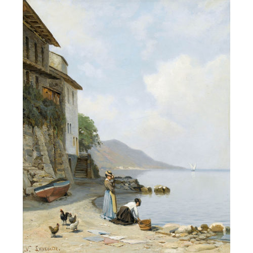 NATHANAEL LEMAITRE : Uferpartie am Genfersee mit W�scherinnen (DOBIASCHOFSKY AUKTIONEN AG)