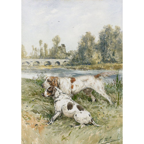 CHARLES OLIVIER DE PENNE : Zwei Jagdhunde am Fluss (DOBIASCHOFSKY AUKTIONEN AG)