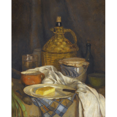 THEODOR BARTH : Stillleben mit Chianti-Flasche, Senftopf und K�se (DOBIASCHOFSKY AUKTIONEN AG)