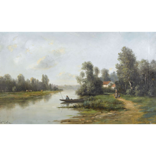 ADOLPHE PIERRE LELEUX : Flussuferpartie mit Figurenstaffage (DOBIASCHOFSKY AUKTIONEN AG)
