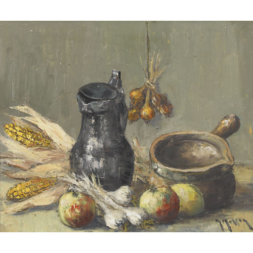MARCEL MASSON : Stillleben mit Maiskolben, Knoblauch, �pfeln und Gef�ssen (DOBIASCHOFSKY AUKTIONEN AG)