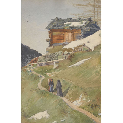 ALBERT NYFELER : Sonnige Hangpartie mit Chalet und Figurenstaffage (DOBIASCHOFSKY AUKTIONEN AG)