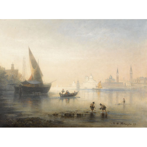 KARL HEILMAYER : Ansicht von Venedig mit Booten und Figurenstaffage (DOBIASCHOFSKY AUKTIONEN AG)