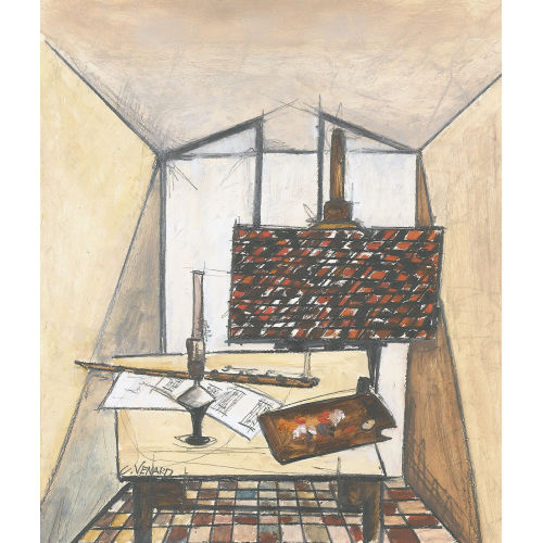 CLAUDE VENARD : Atelierstillleben mit Petroleumlampe und Querfl�te (DOBIASCHOFSKY AUKTIONEN AG)