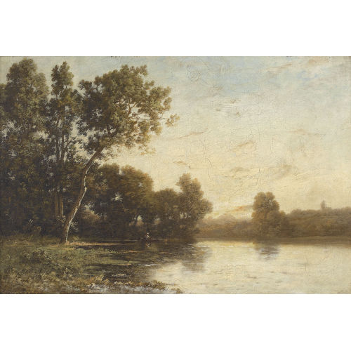 LEON RICHET : Uferpartie in der D�mmerung mit Figur in einem Boot (DOBIASCHOFSKY AUKTIONEN AG)