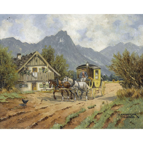 KARL ROHRHIRSCH : Pferdekutsche vor Bauernhaus im Gebirge (DOBIASCHOFSKY AUKTIONEN AG)