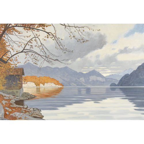 WILLY MONNIER : Herbstliche Uferpartie am Brienzersee mit H�uschen (DOBIASCHOFSKY AUKTIONEN AG)