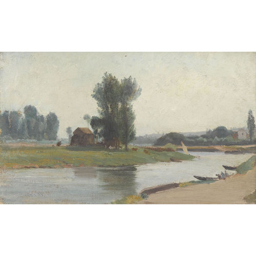 LEON BERTHOUD : Sommerliche Flussuferpartie mit H�uschen (DOBIASCHOFSKY AUKTIONEN AG)