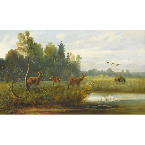 OTTO GAMPERT : Wiesenlandschaft mit drei Rehen an einem Teich (DOBIASCHOFSKY AUKTIONEN AG)