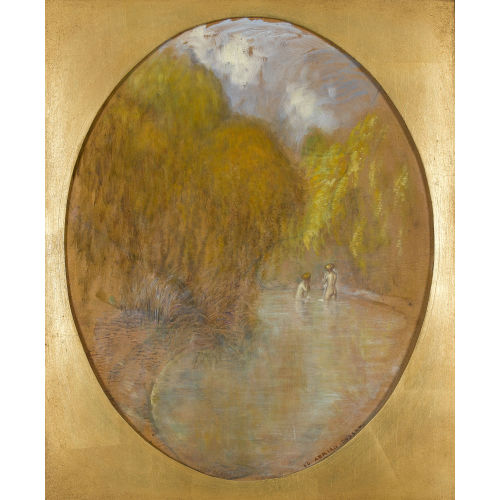 EDUARD ADRIAN DUSSEK : Waldpartie mit badenden Frauen in einem Weiher (DOBIASCHOFSKY AUKTIONEN AG)