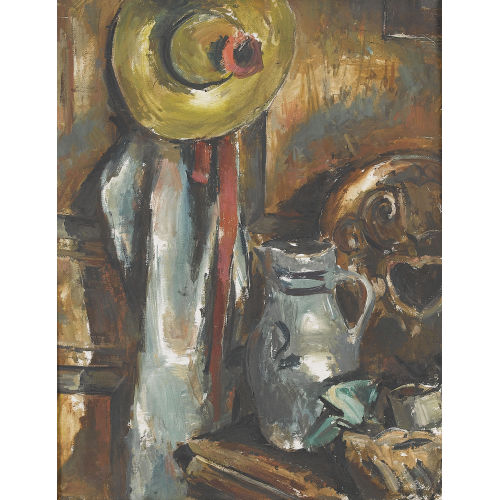 MARTIN LAUTERBURG : Interieur mit Krug, Mantel und Sonnenhut (DOBIASCHOFSKY AUKTIONEN AG)