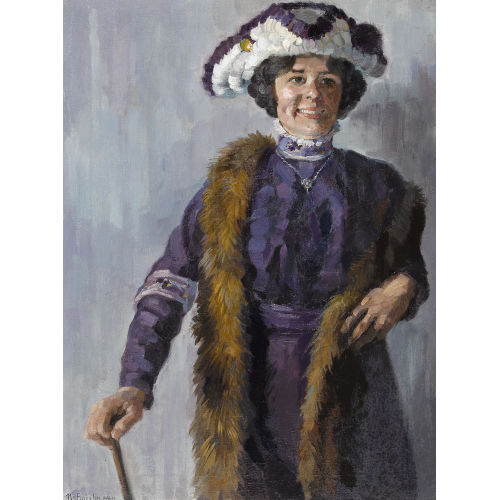 KARL ANNELER : Bildnis einer Frau mit violettem Kleid und Pelzstola (DOBIASCHOFSKY AUKTIONEN AG)