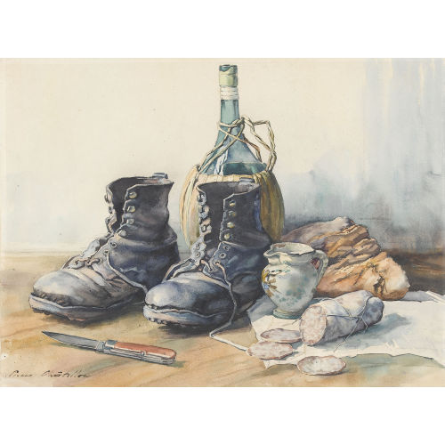 PIERRE CHATILLON : Stillleben mit Schuhwerk, Proviant und Taschenmesser (DOBIASCHOFSKY AUKTIONEN AG)