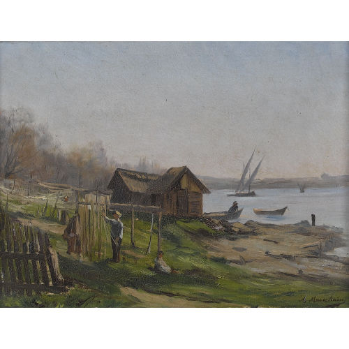 FRAN�OIS ARMAND MAUCHAIN : Seeuferpartie mit Fischerhaus und Figurenstaffage (DOBIASCHOFSKY AUKTIONEN AG)