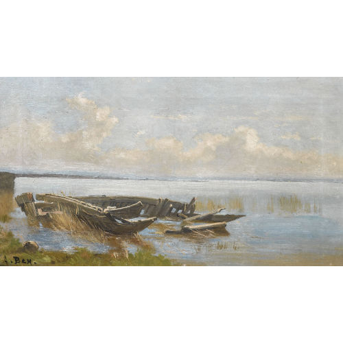 AUGUSTE BACHELIN : 'Barques �chou�es au Lac de Neuch�tel' (DOBIASCHOFSKY AUKTIONEN AG)