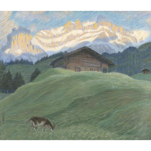 WALDEMAR FINK : Gebirgspartie mit Chalet und Ziege vor dem Gross Lohner (DOBIASCHOFSKY AUKTIONEN AG)