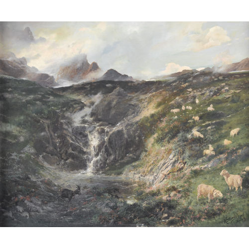 ALEXANDER JULES JAKOB JOSEPH VON SOLDENHOFF : Hochgebirgspartie mit Schafen und Ziegen (DOBIASCHOFSKY AUKTIONEN AG)