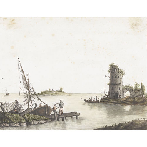 PATRICK GIBSON : Landschaft mit Ruine, kleiner Insel, Booten und Fischern (DOBIASCHOFSKY AUKTIONEN AG)
