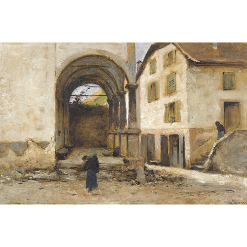 GUSTAVE EUGENE CASTAN : Strassenpartie mit Kirche und Figurenstaffage (DOBIASCHOFSKY AUKTIONEN AG)