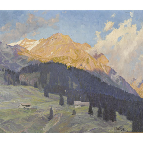 PAUL SCH�RCH : Gebirgspartie mit Bauernh�fen vor Alpenfirn (DOBIASCHOFSKY AUKTIONEN AG)