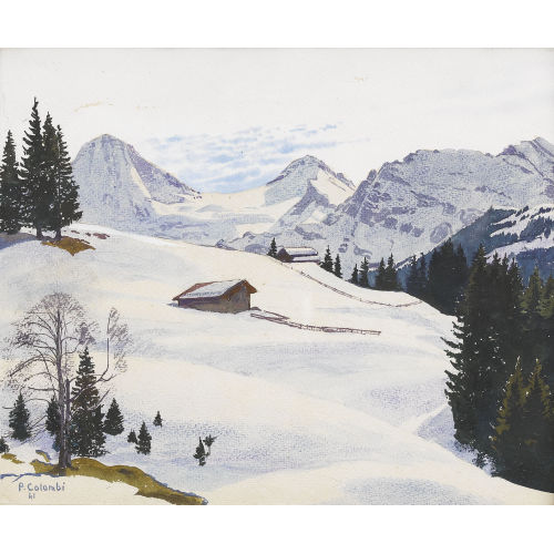 PLINIO COLOMBI : Winterliche Gebirgspartie mit Chalets vor Eiger und M�nch (DOBIASCHOFSKY AUKTIONEN AG)