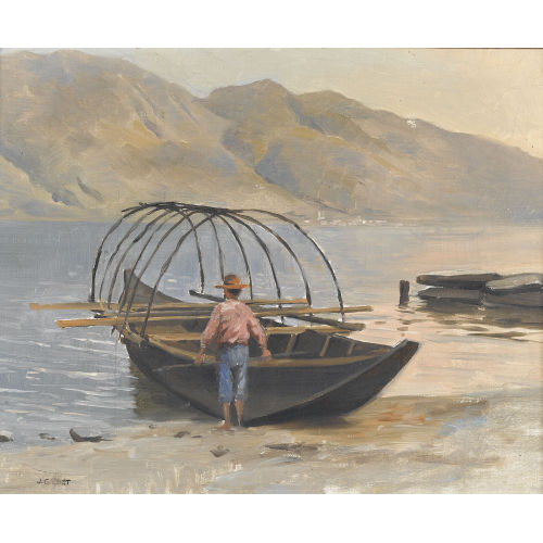 JULES GACHET : Tessiner Seeuferpartie mit Fischer in einem Boot (DOBIASCHOFSKY AUKTIONEN AG)