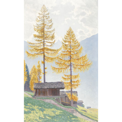 PLINIO COLOMBI : Herbstliche Gebirgspartie mit Holzh�tten und L�rchenwald (DOBIASCHOFSKY AUKTIONEN AG)