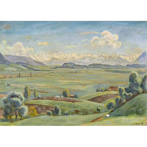 EDUARD BOSS : Berner Landschaft mit Alpenkette (DOBIASCHOFSKY AUKTIONEN AG)
