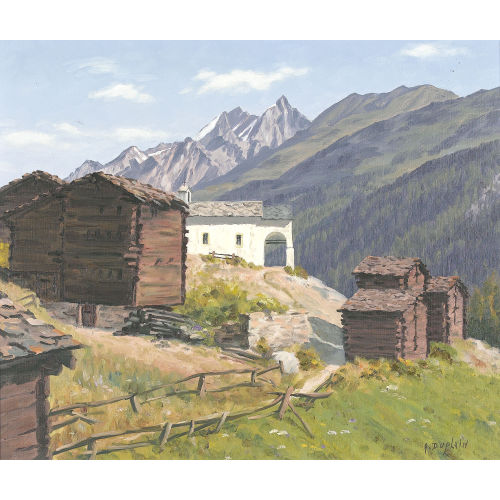 ALBERT DUPLAIN : Walliser Spycher mit Kapelle im Gebirge (DOBIASCHOFSKY AUKTIONEN AG)