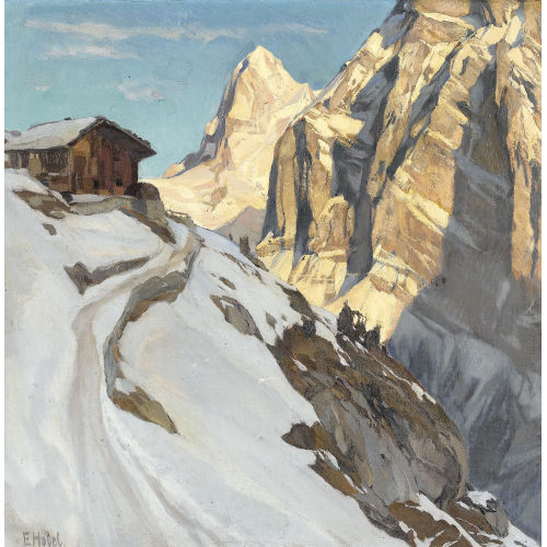 ERNST HODEL D.J. : Sonnige Hochgebirgspartie mit Chalet im Winter (DOBIASCHOFSKY AUKTIONEN AG)