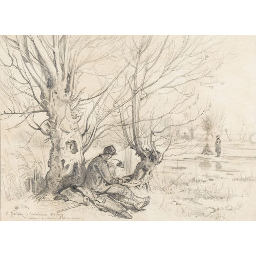 AUGUSTE BACHELIN : Ruhender Soldat in baumbestandener Landschaft (DOBIASCHOFSKY AUKTIONEN AG)