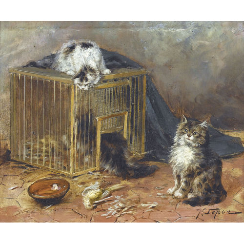 JULES GUSTAVE LE ROY : Drei K�tzchen bei einem Vogelk�fig (DOBIASCHOFSKY AUKTIONEN AG)