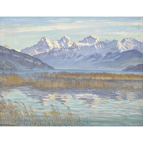 WALDEMAR FINK : Uferpartie am Thunersee mit Berner Alpen (DOBIASCHOFSKY AUKTIONEN AG)