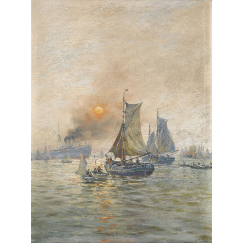 RICHARD FEHDMER : Schiffe vor Hafen bei untergehender Sonne (DOBIASCHOFSKY AUKTIONEN AG)
