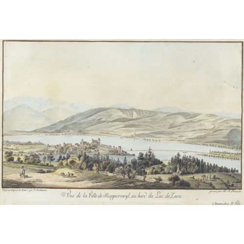 JOHANN JAKOB ASCHMANN : 'Vu� de la Ville de Rapperswyl, au bord du Lac de Zuric' (DOBIASCHOFSKY AUKTIONEN AG)