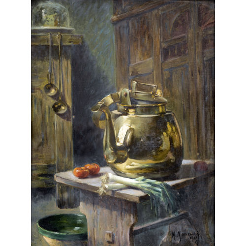 MAURICE LOUIS MONNOT : B�uerliches K�cheninterieur mit Kanne und Gem�se (DOBIASCHOFSKY AUKTIONEN AG)