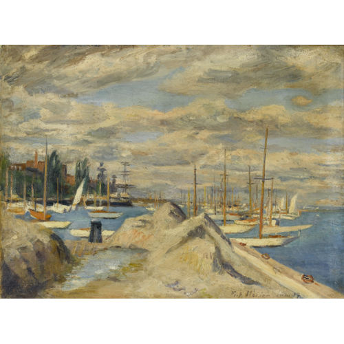 FRITZ MEIJER : Uferpartie mit Segelbooten unter wolkigem Himmel (DOBIASCHOFSKY AUKTIONEN AG)