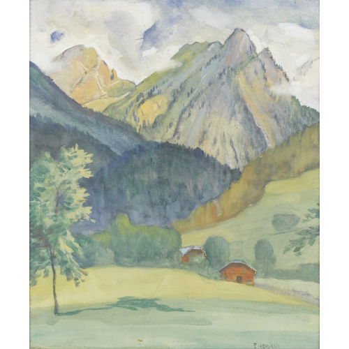 EUGEN HENZIROSS : Gebirgspartie mit Chalets (DOBIASCHOFSKY AUKTIONEN AG)