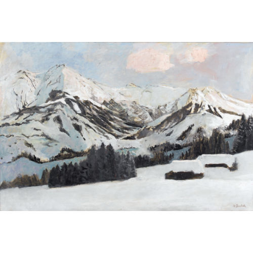 VICTOR SURBEK : Winterlandschaft mit Chalets im Gebirge (DOBIASCHOFSKY AUKTIONEN AG)
