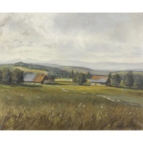 MAX CLEMENT : Voralpenlandschaft im Fr�hling mit Bauernh�usern (DOBIASCHOFSKY AUKTIONEN AG)
